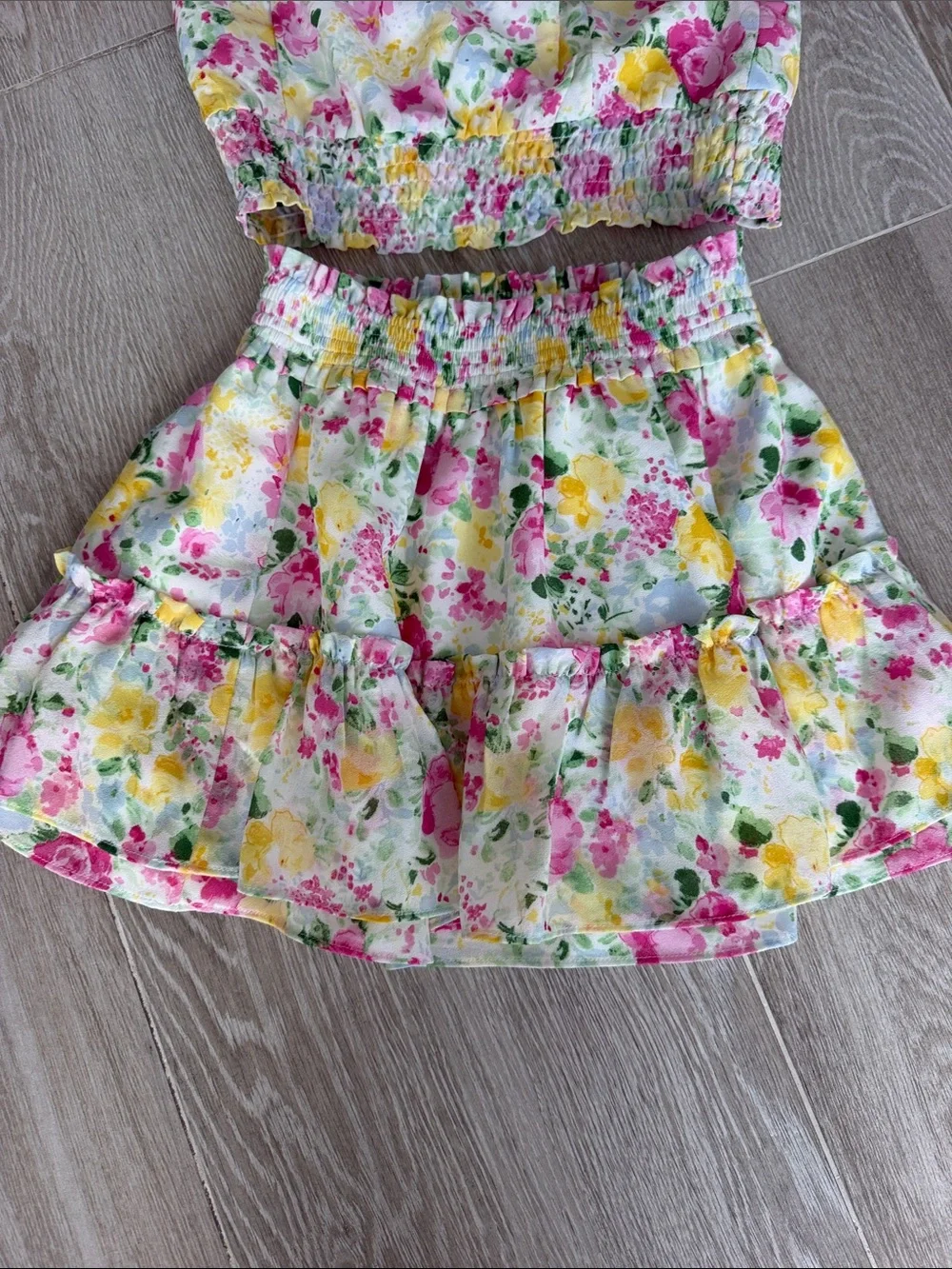 Janie and Jack Floral Ruffle Crop Top & Tiered Skirt Set - Pink, Yellow, Green